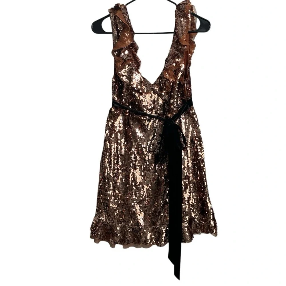 Free People Tribeca Siren Sequin Mini Dress Copper Gold Ruffle Velvet Tie Sz 4